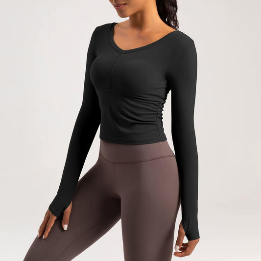 Women's Long Sleeve Workout Top – Quick-Dry Athletic Tee with Chest Pads