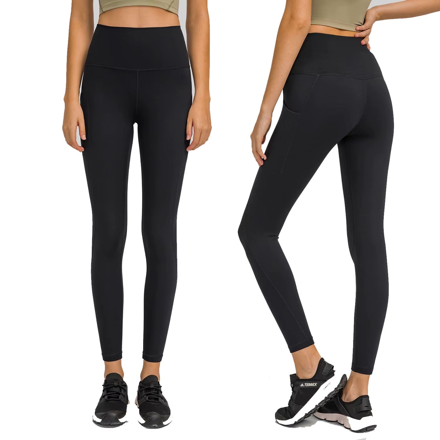 High-Waist Solid Black Leggings W/ Wide Yoga Waistband