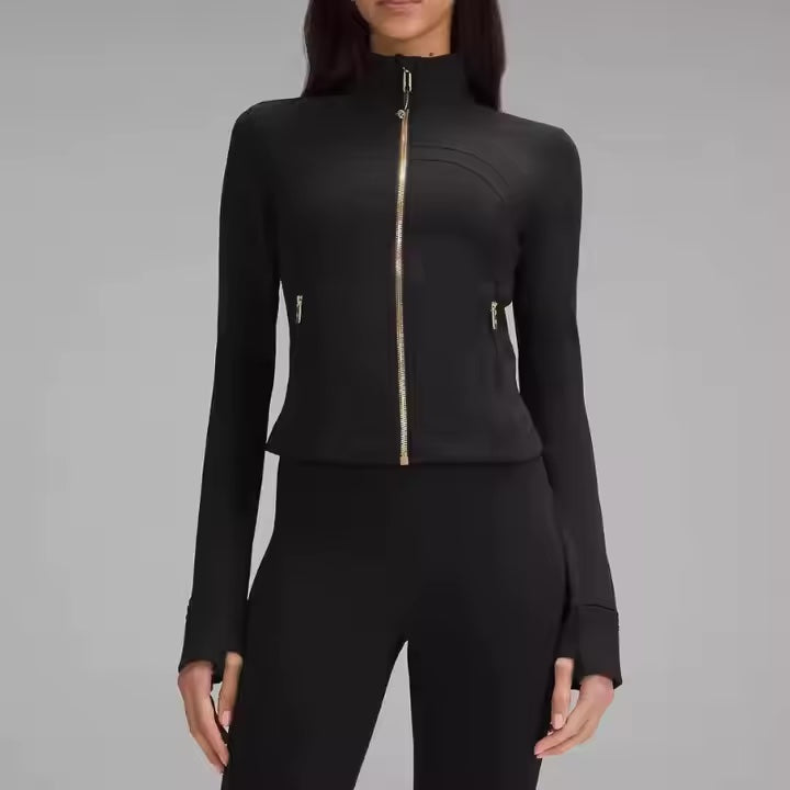 Gym Fitness Zipper Running Yoga Long Sleeve Top Sports Jacket with a Gold Zipper