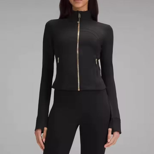 Gym Fitness Zipper Running Yoga Long Sleeve Top Sports Jacket with a Gold Zipper